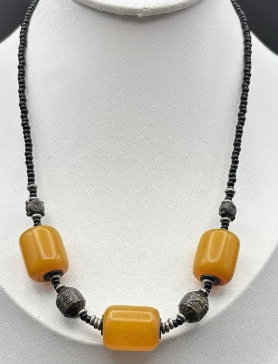 Vintage Butterscotch Bakelite Bead Necklace Bronze Accents