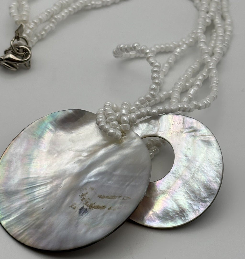 Mother of Pearl Shell Pendant Necklace – White Beaded Multi Strand