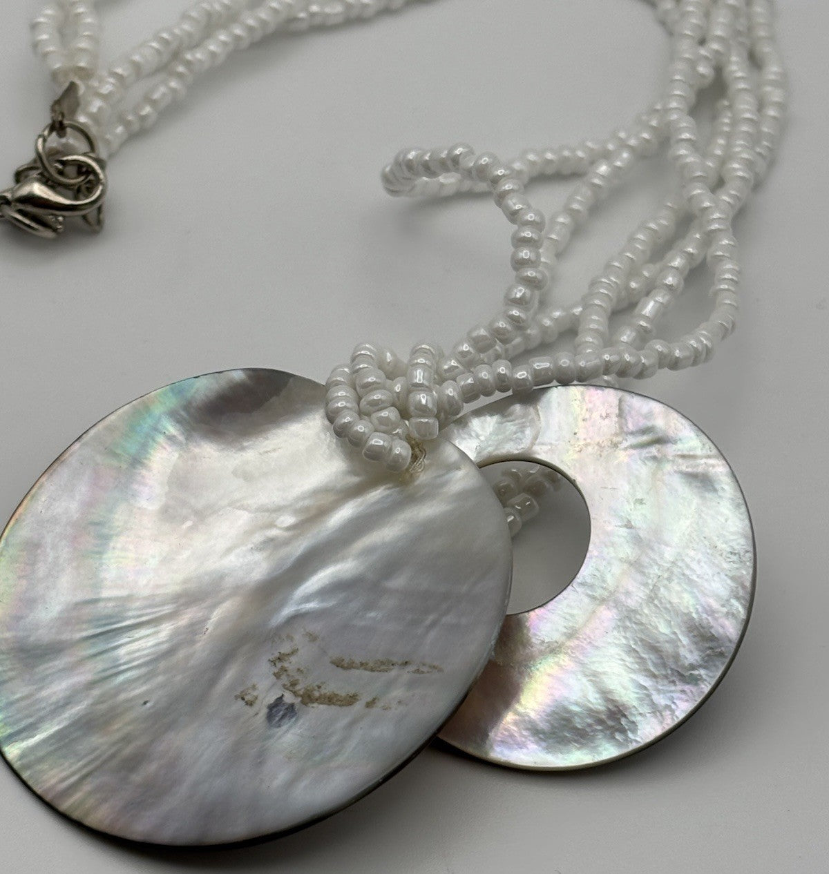 Mother of Pearl Shell Pendant Necklace – White Beaded Multi Strand