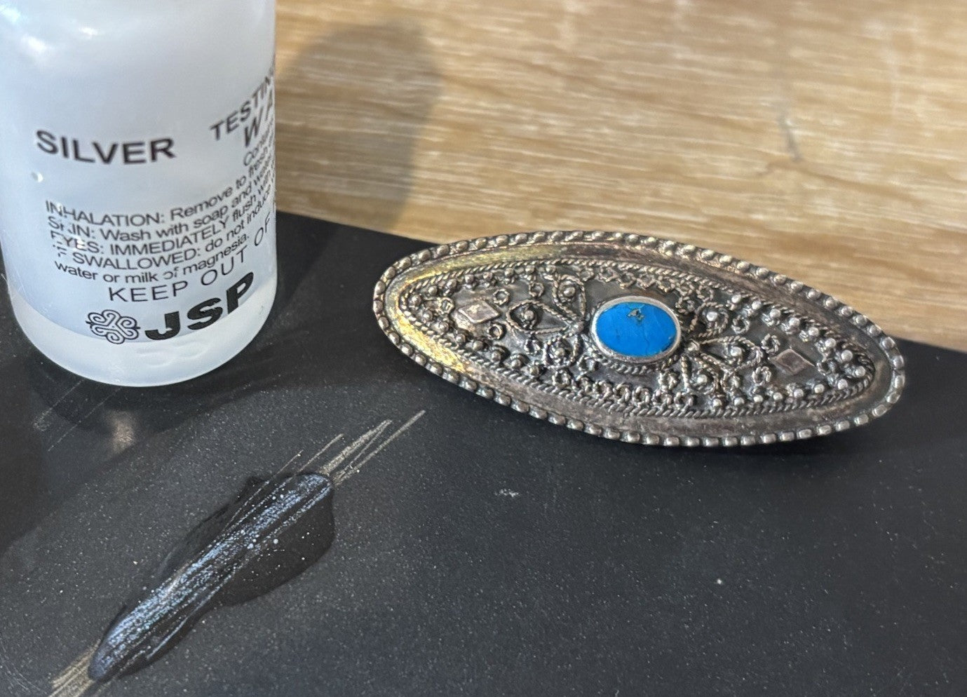 Antique 1920s Sterling Silver Turquoise Filigree Brooch Pin