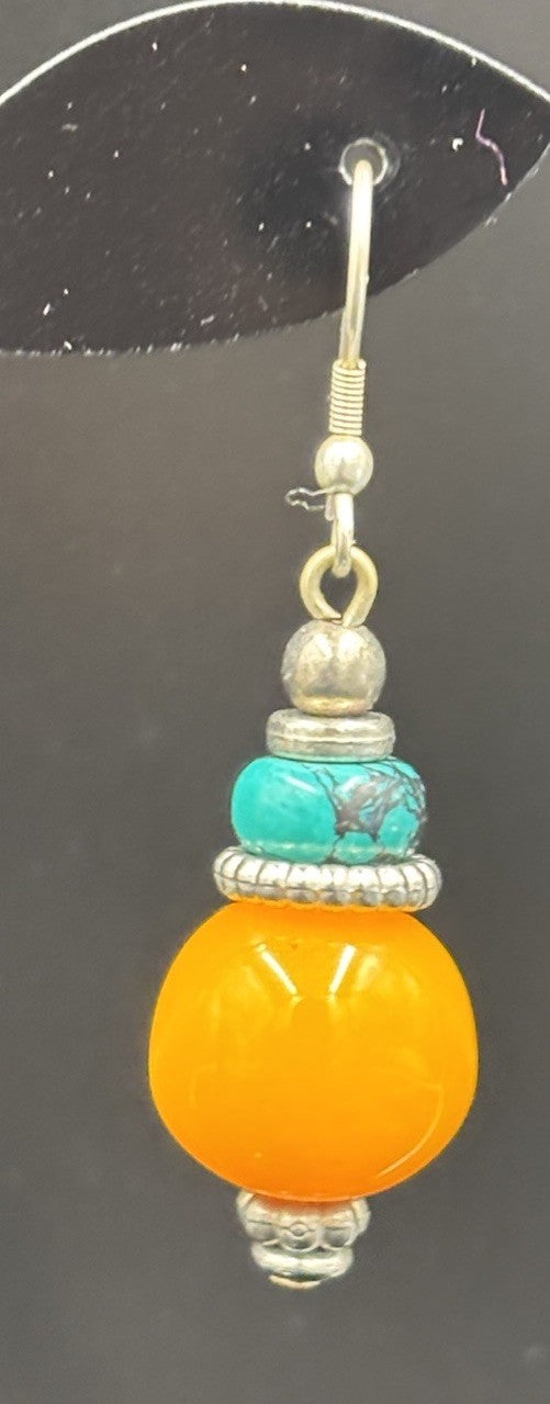 Vintage Boho Dangle Earrings – Faux Amber & Turquoise Beads, Tribal Silver Tone