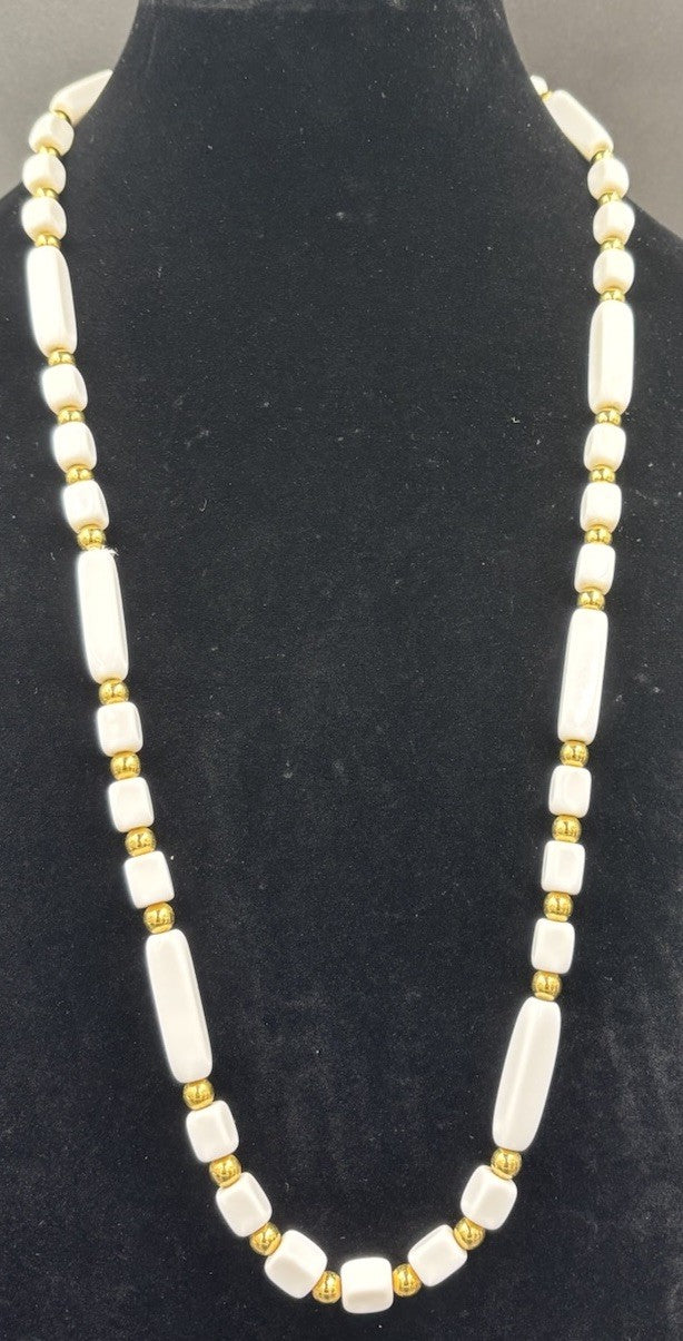 Vintage Trifari White Gold Tone Accents Lucite Long Beads Necklace Signed.