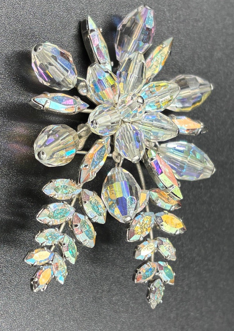 Vtg 1950s Aurora Borealis Crystal Spray Brooch Mid Century Silver Tone Floral