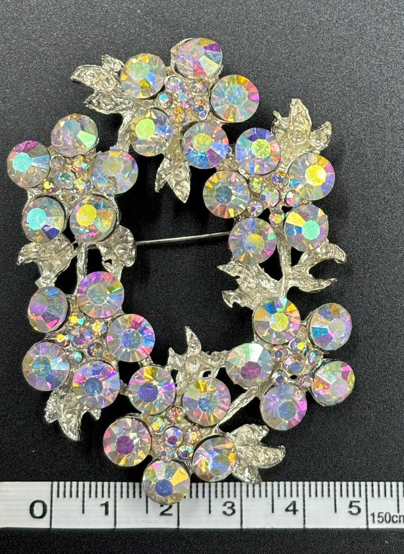Vintage AB Rhinestone Wreath Brooch Silver Tone 1950s Mid Century Jewelry