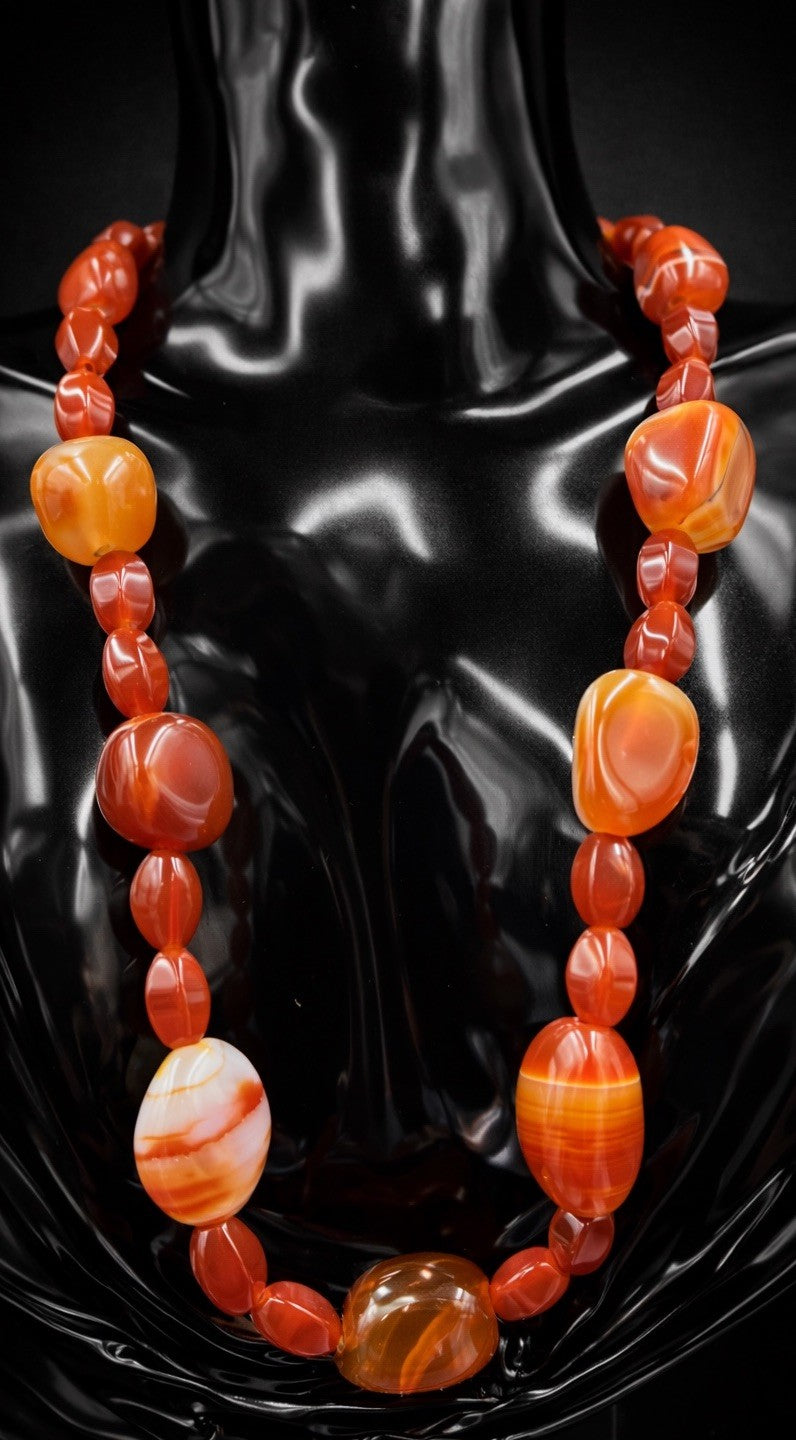 Vintage Banded Carnelian Bead Necklace Warm Tones Polished Statement