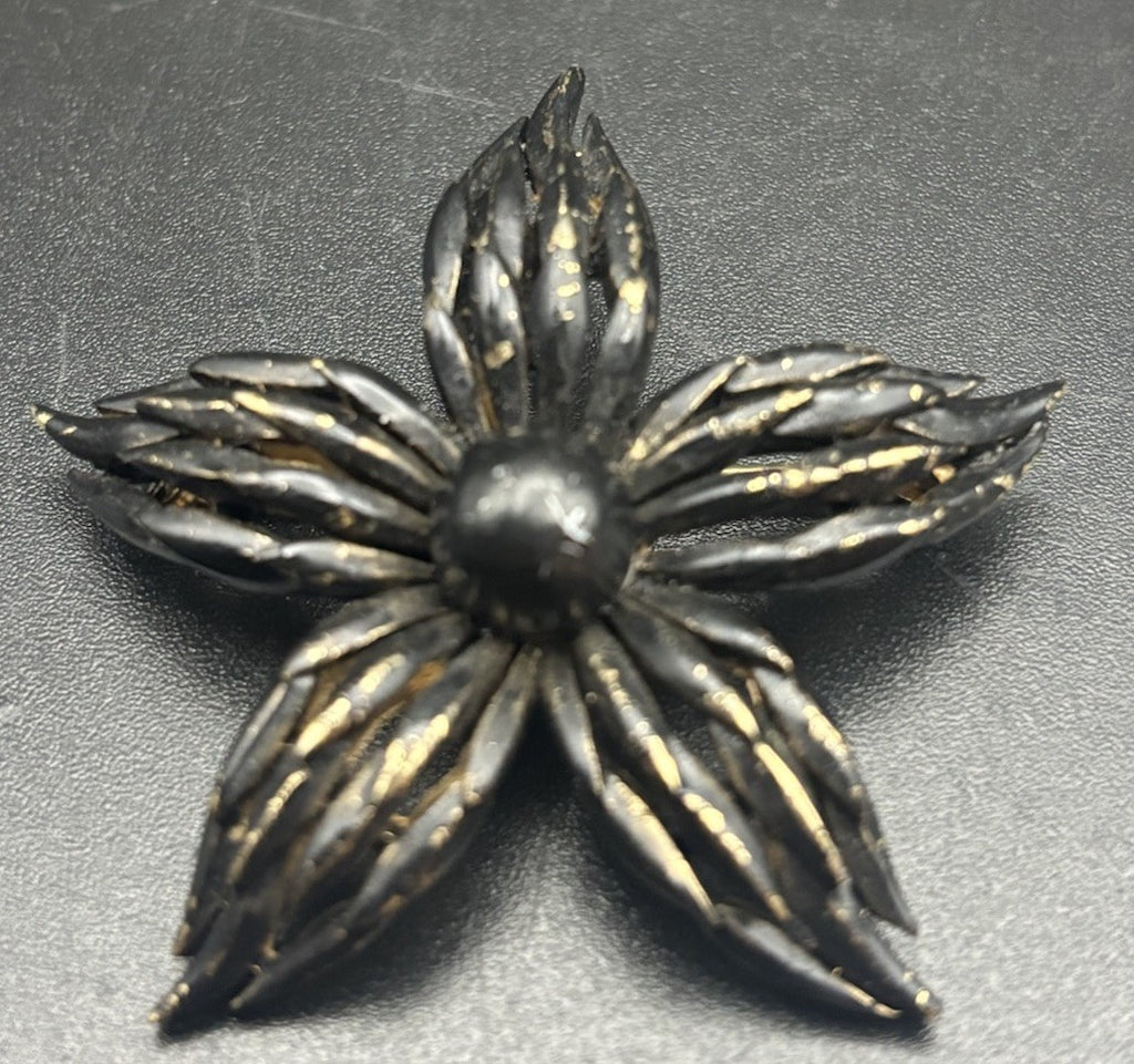 Vintage Crown Trifari Black Finish Flower Brooch Gold Tone Mid Century