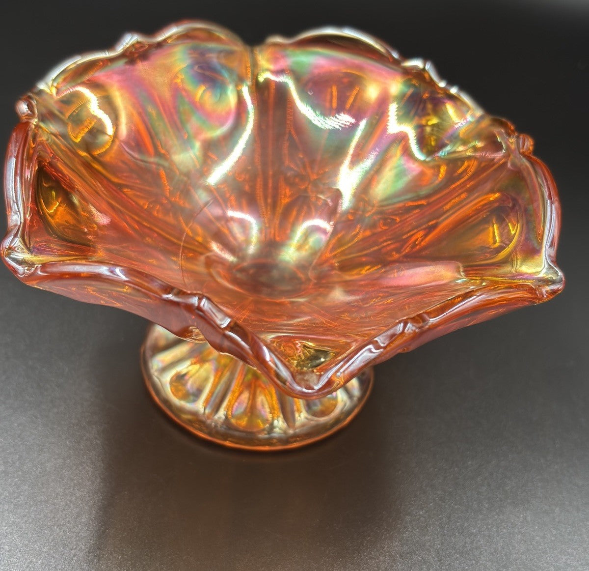 Vintage Carnival Glass Ruffled Footed Bowl Marigold Iridescent Dish