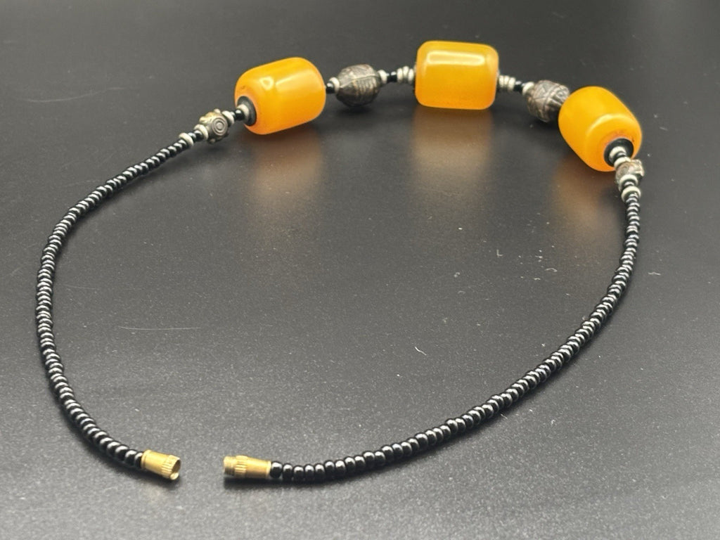 Vintage Butterscotch Bakelite Bead Necklace Bronze Accents