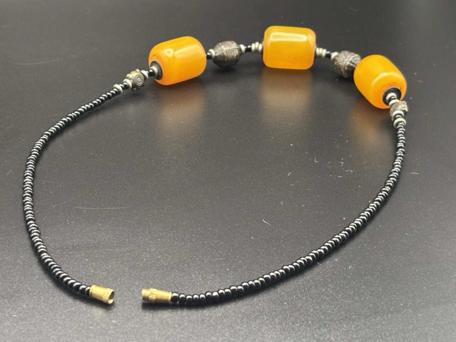 Vintage Butterscotch Bakelite Bead Necklace Bronze Accents
