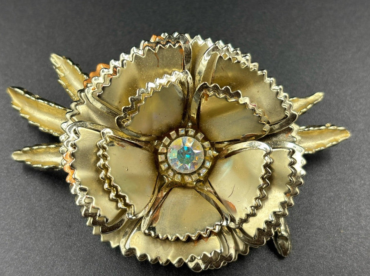 Vintage Coro Gold Tone Floral Brooch AB Rhinestone Large Unsigned