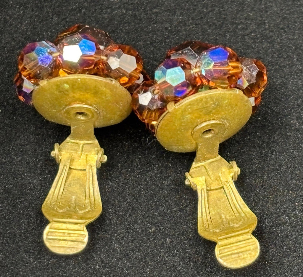 Vtg Aurora Borealis Champagne Crystal Necklace & Clip On Earring Set Gold Tone