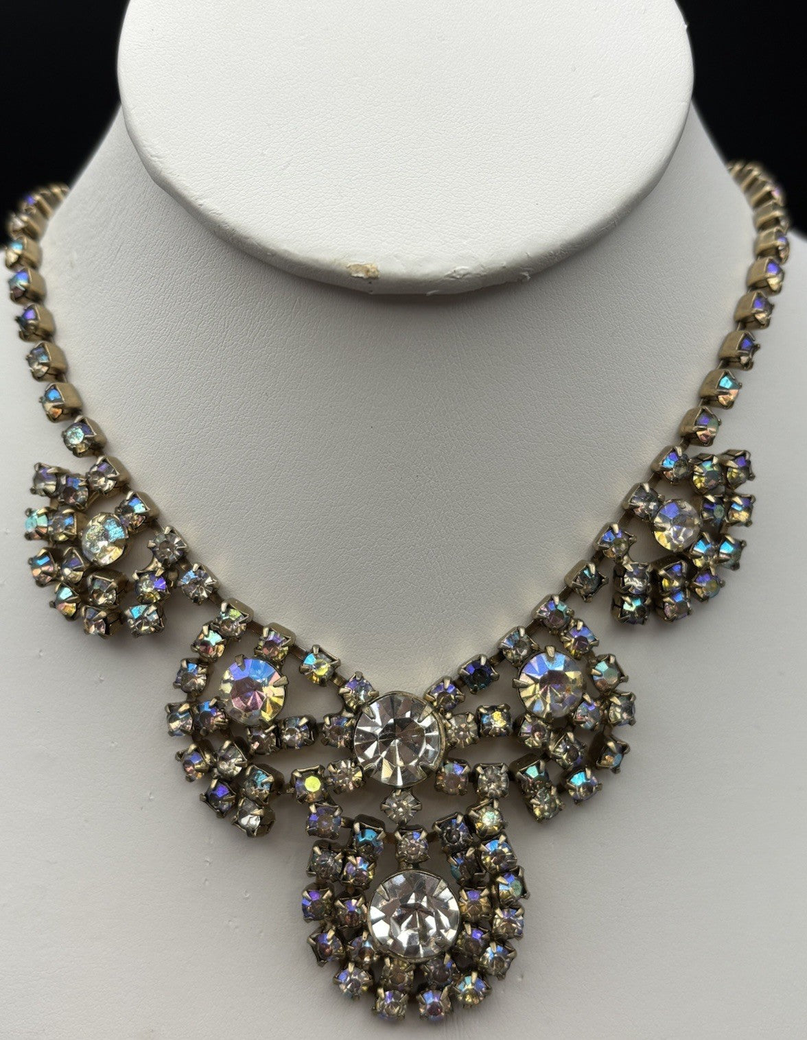 Vintage Aurora Borealis Rhinestone Statement Necklace Gold Tone Mid Century