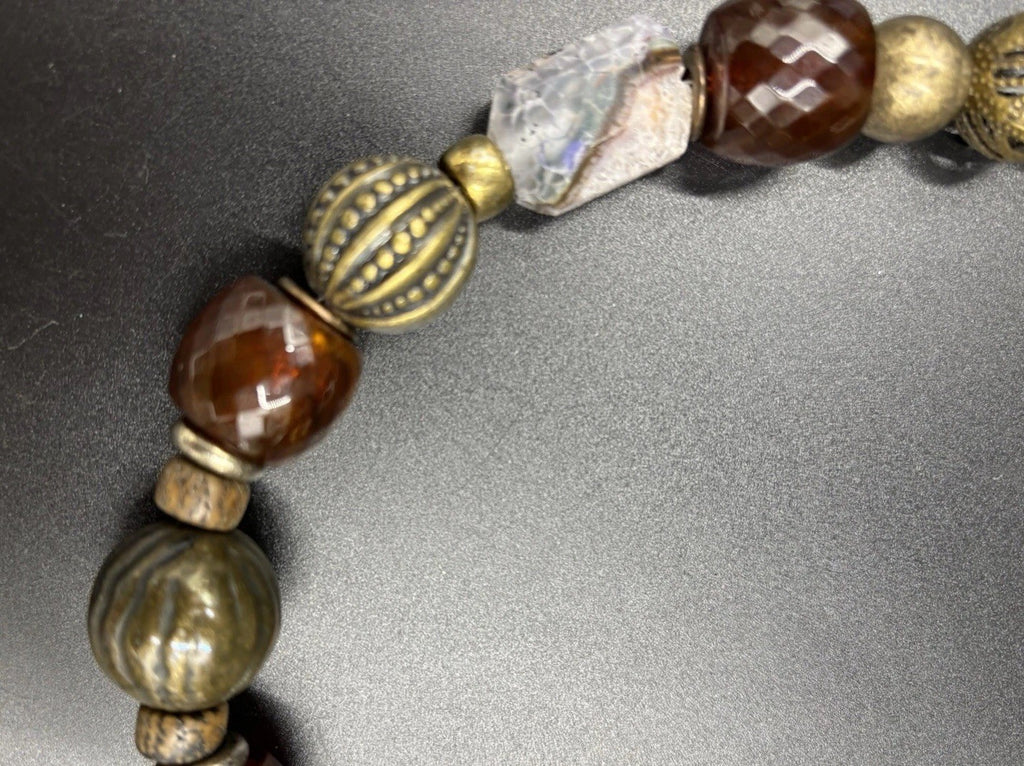Vintage Natural Agate Beaded Necklace Artisan Statement Earthy Brass Tone