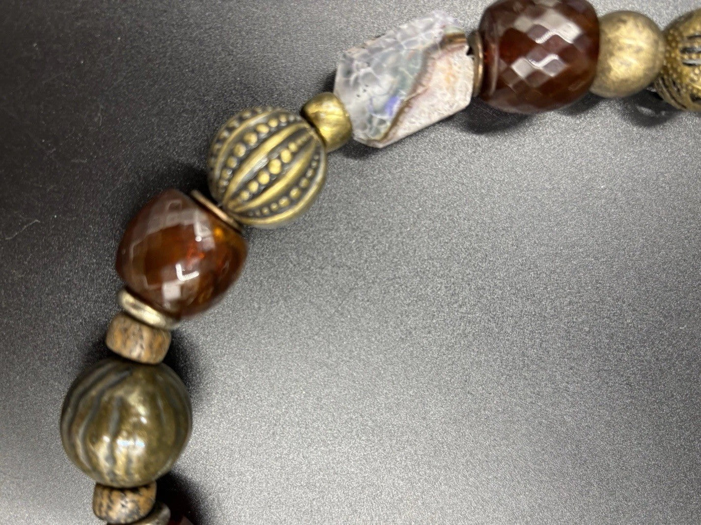 Vintage Natural Agate Beaded Necklace Artisan Statement Earthy Brass Tone