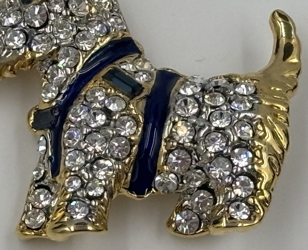 Vintage Crystal Terrier Dog Brooch Gold Tone Blue Enamel 3.5cm