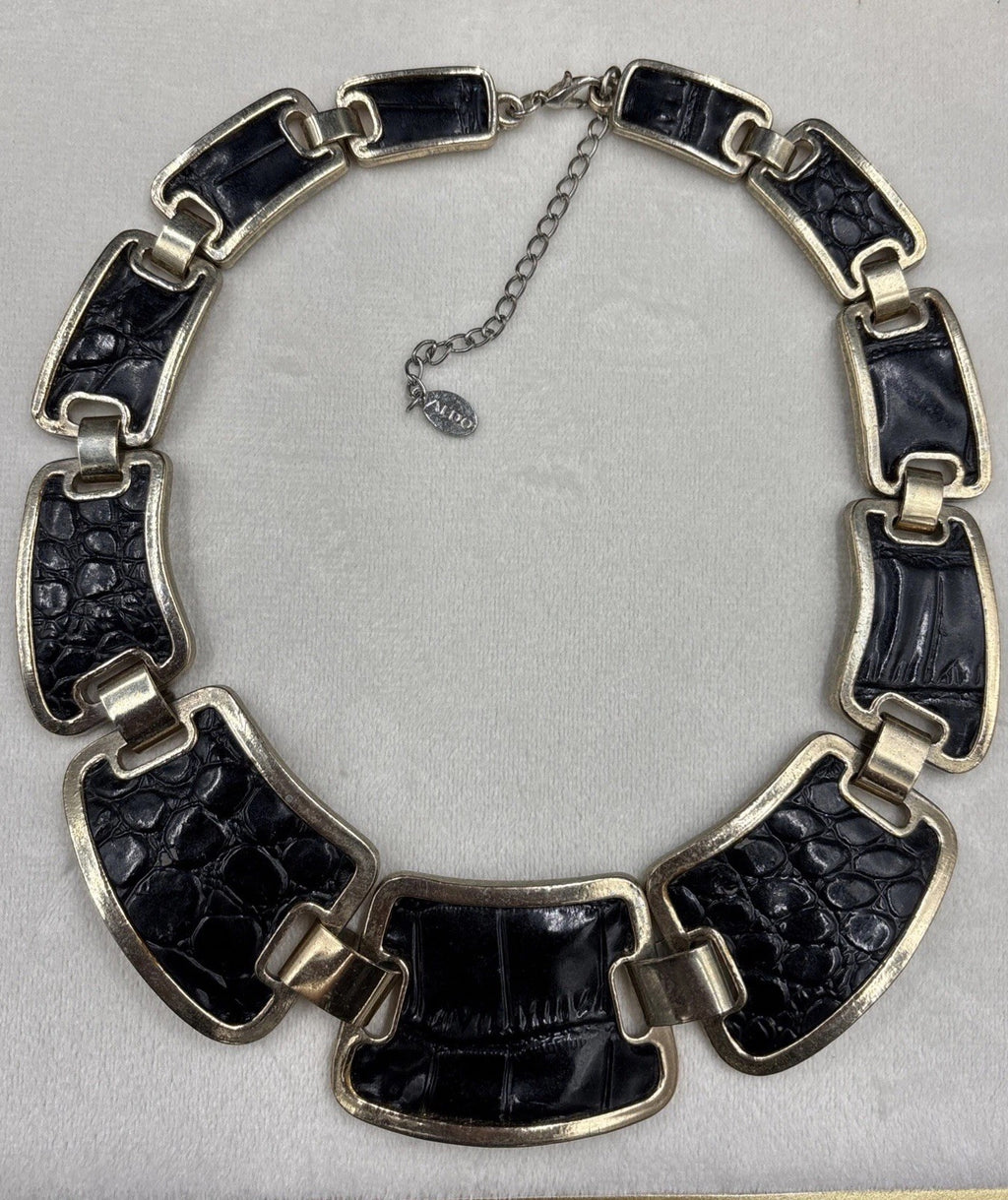Vtg Aldo Statement Necklace Collar Faux Crocodile Print. Gold Tone