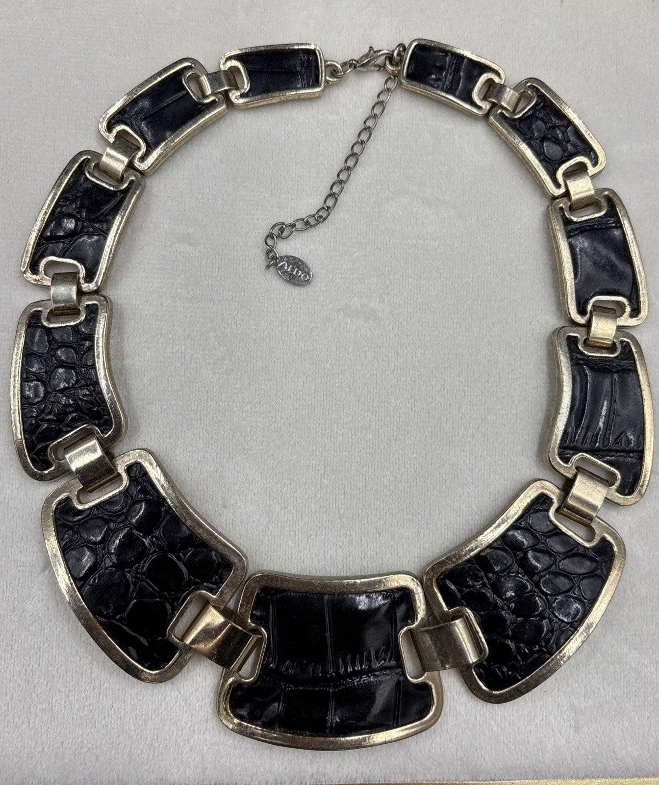 Vtg Aldo Statement Necklace Collar Faux Crocodile Print. Gold Tone