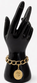 Vintage Monet Gold Tone Clover Charm Bracelet Textured Chain Signed Mid Century
