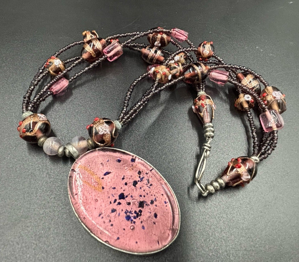 Handmade Lampwork Glass Necklace Multi Strand Pink Art Glass Pendant Beaded