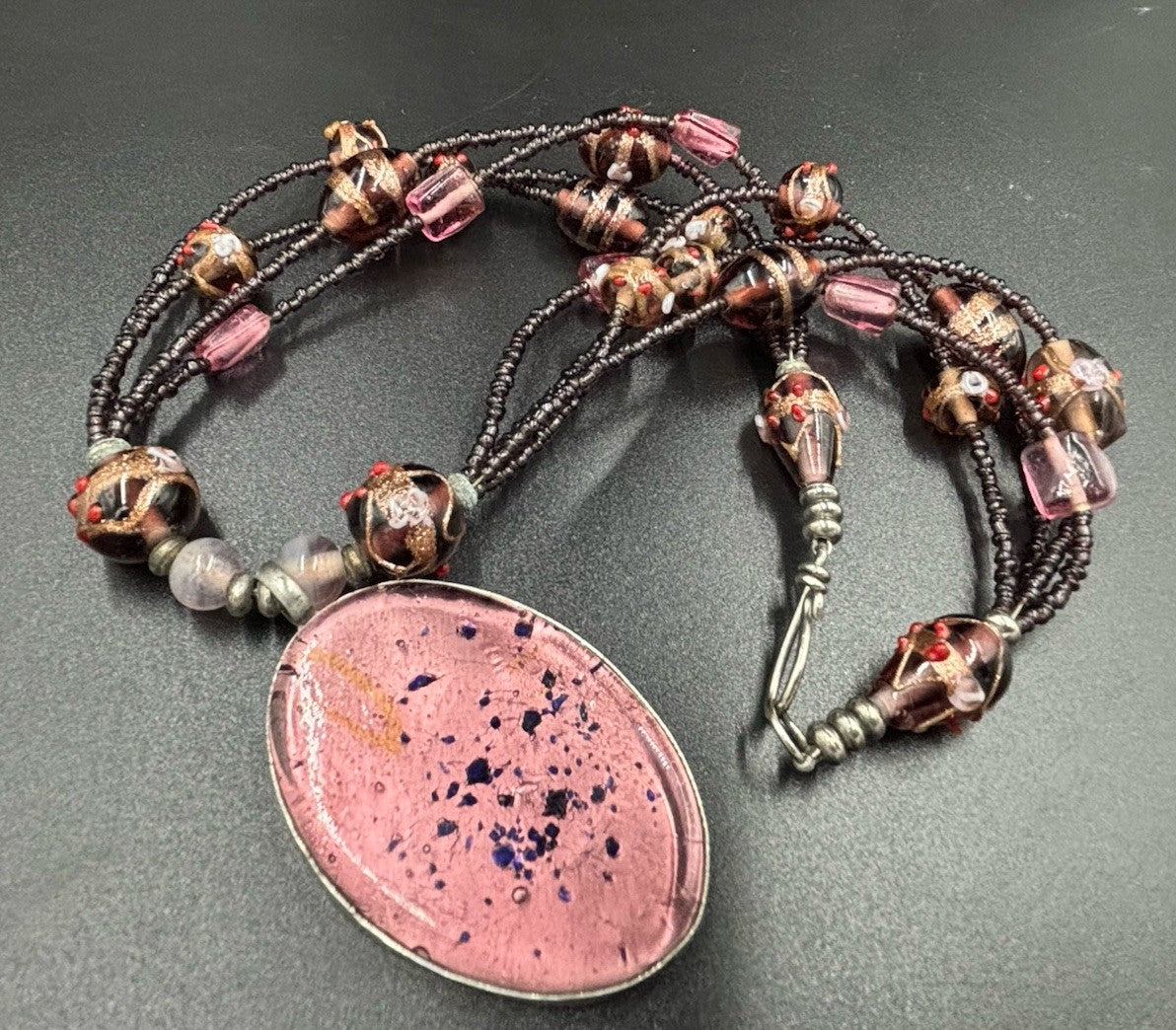 Handmade Lampwork Glass Necklace Multi Strand Pink Art Glass Pendant Beaded