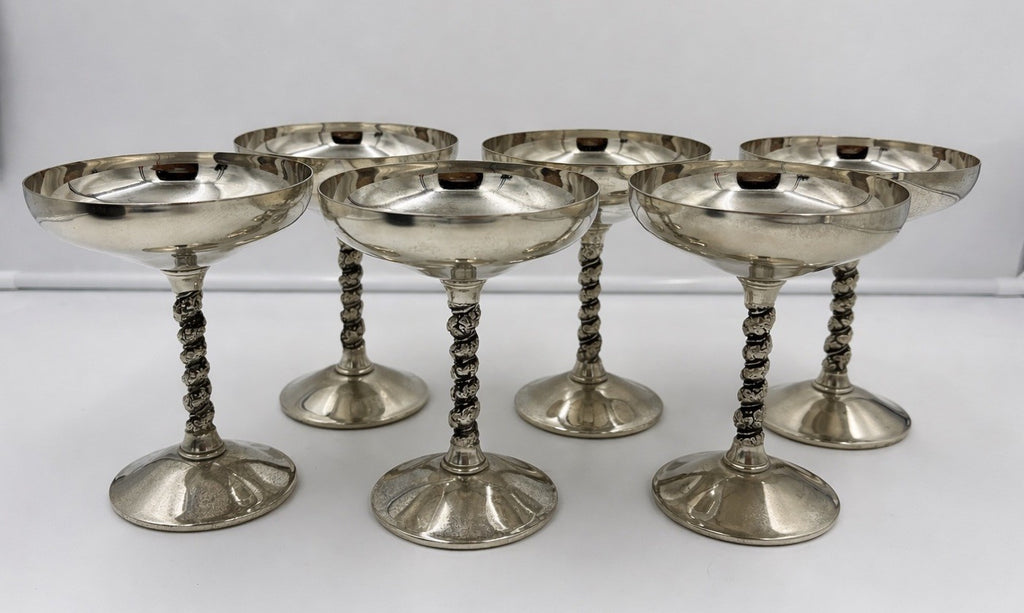 Vintage Valero Spain Silver Plated Coupe Glass Set 6 Twisted Stem Dessert