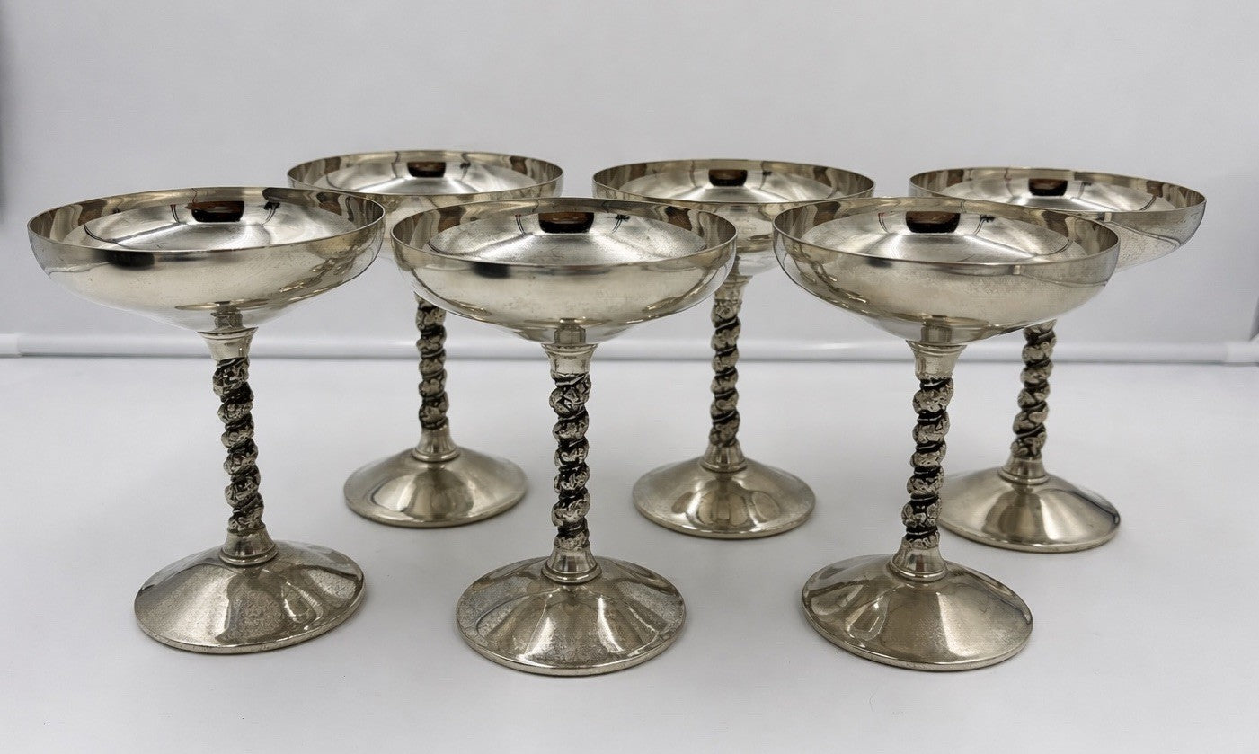 Vintage Valero Spain Silver Plated Coupe Glass Set 6 Twisted Stem Dessert