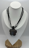 Mother of Pearl Flower Pendant Necklace Black & White Seed Beads