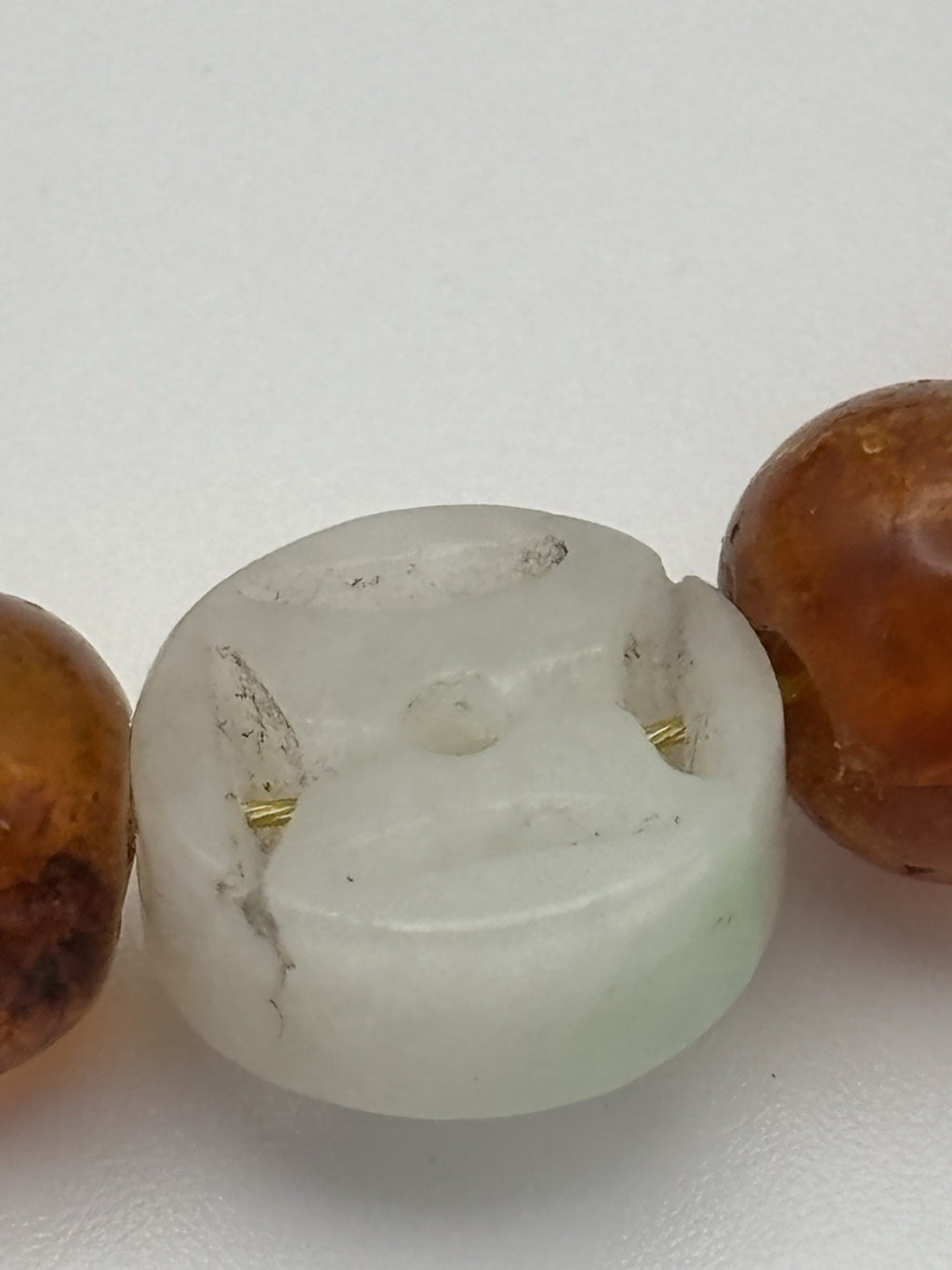 Vintage Amber Bead Bracelet Carved Jade Centerpiece Mid Century Retro