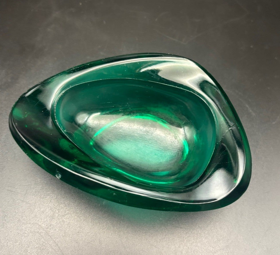 Vintage Emerald Green Art Glass Ashtray Dish Mid Century Modern Heavy
