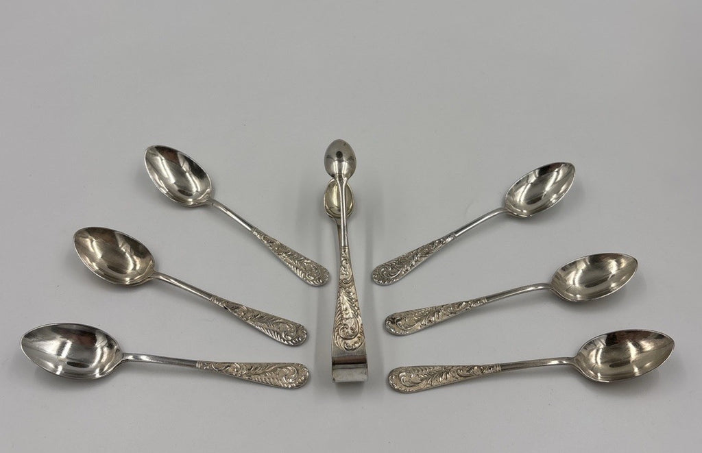 Vintage EPNS Silver Teaspoon Set with Sugar Tongs in Box Ornate Scroll Design