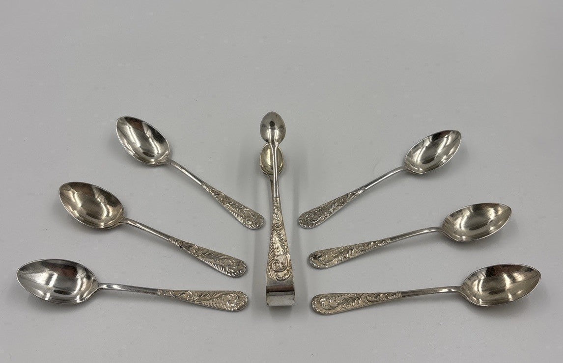 Vintage EPNS Silver Teaspoon Set with Sugar Tongs in Box Ornate Scroll Design