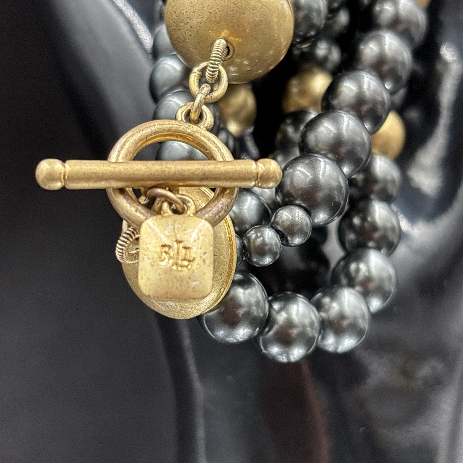 Ralph Lauren Gunmetal Gold Multi Strand Beaded Statement Necklace Toggle Clasp