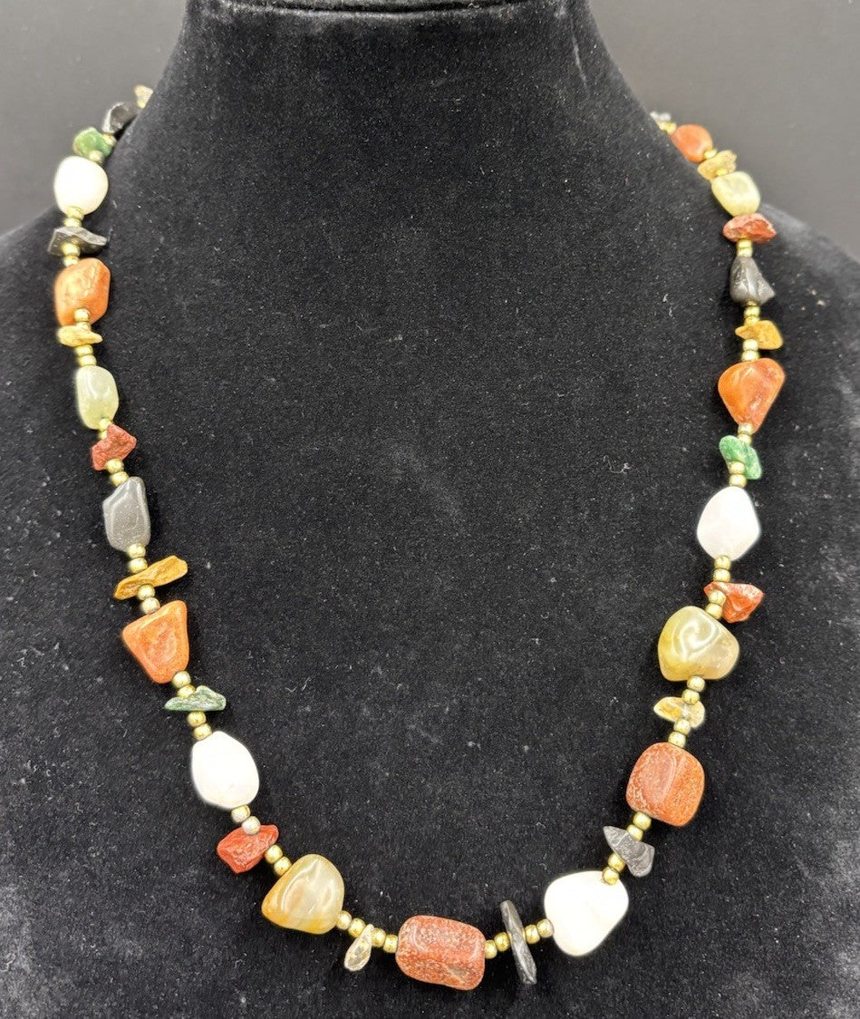 Vintage Gemstone Nugget Bead Necklace Quartz Jasper Agate Aventurine 70s Boho