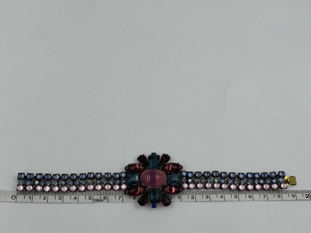 Husár D Pink Cabochon Aqua Garnet Rhinestone Bracelet Signed Czech Glass Rare