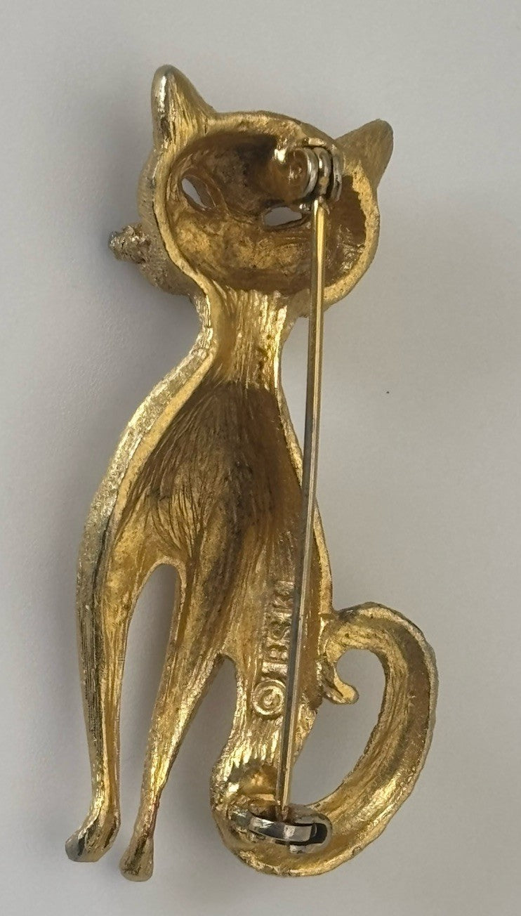 Vintage B.S.K Cat Brooch Gold Tone Figural Kitty Pin 1950s Signed
