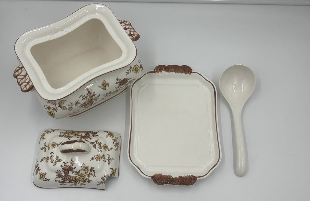 Vintage Soup Tureen Set Floral Transferware Lid Tray Ladle Ceramic