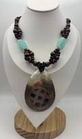 Vintage Tribal Necklace Mother of Pearl Pendant Wood Beads Ethnic Jewelry