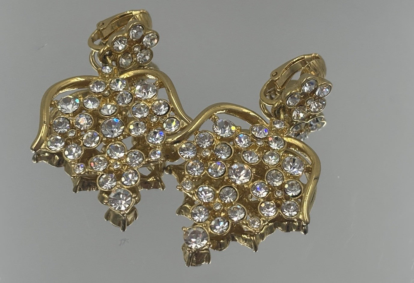 Vintage Barcs Clip On Earrings Gold Tone Chandelier Floral Rhinestone Sparkle