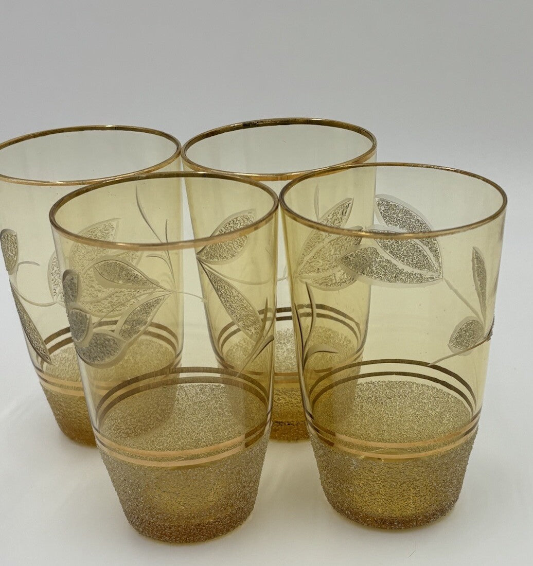 Vintage Amber Glass Pitcher & 4 Tumblers Gold Leaf Etched MCM Barware Set