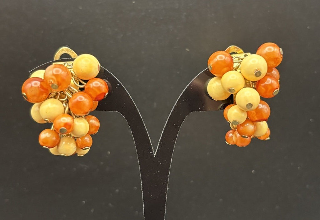 Vintage Hong Kong Orange Cream Glass Bead Cluster Clip Earrings