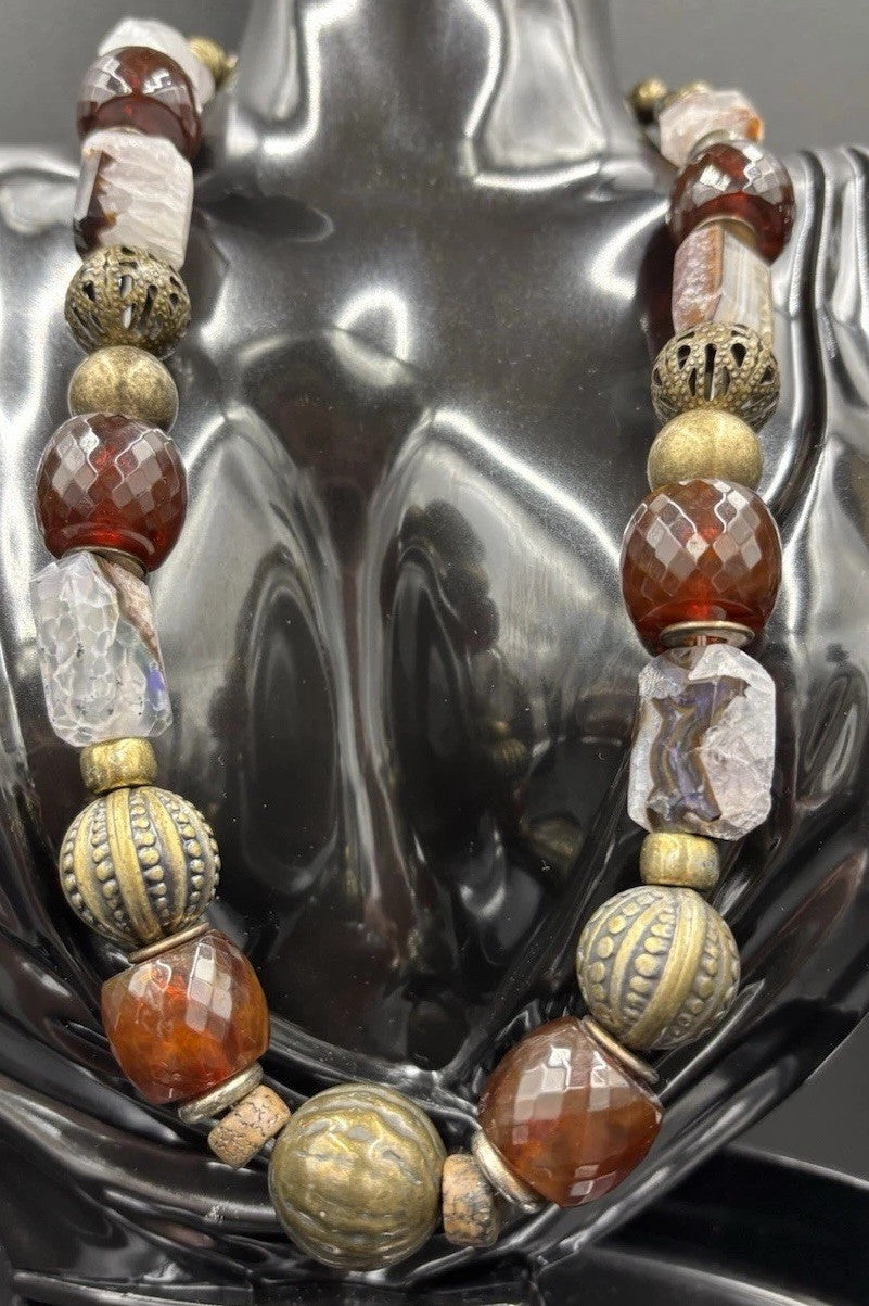 Vintage Natural Agate Beaded Necklace Artisan Statement Earthy Brass Tone
