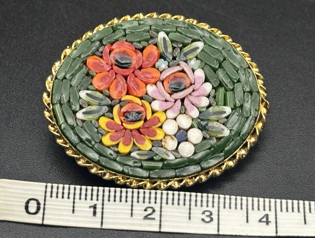 Vintage Italian Micro Mosaic Floral Brooch Oval Gold Tone
