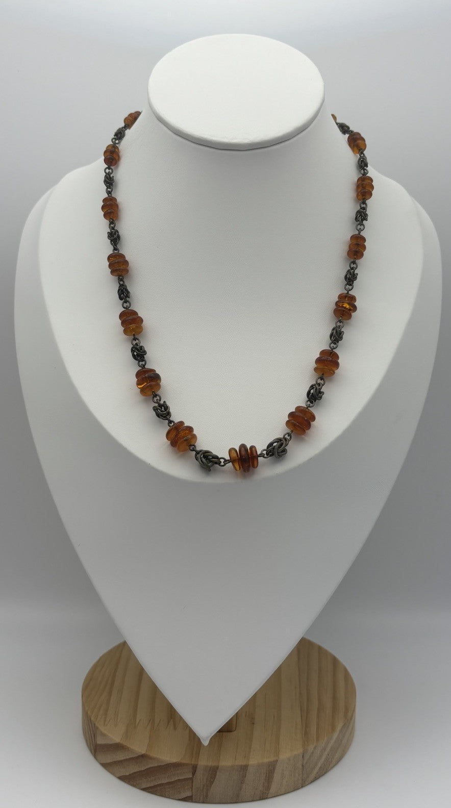 Vintage Baltic Amber Disc Bead Necklace with Oxidized Chain Choker Jewelry