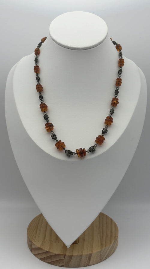 Vintage Baltic amber disc bead necklace oxidized sterling chain choker