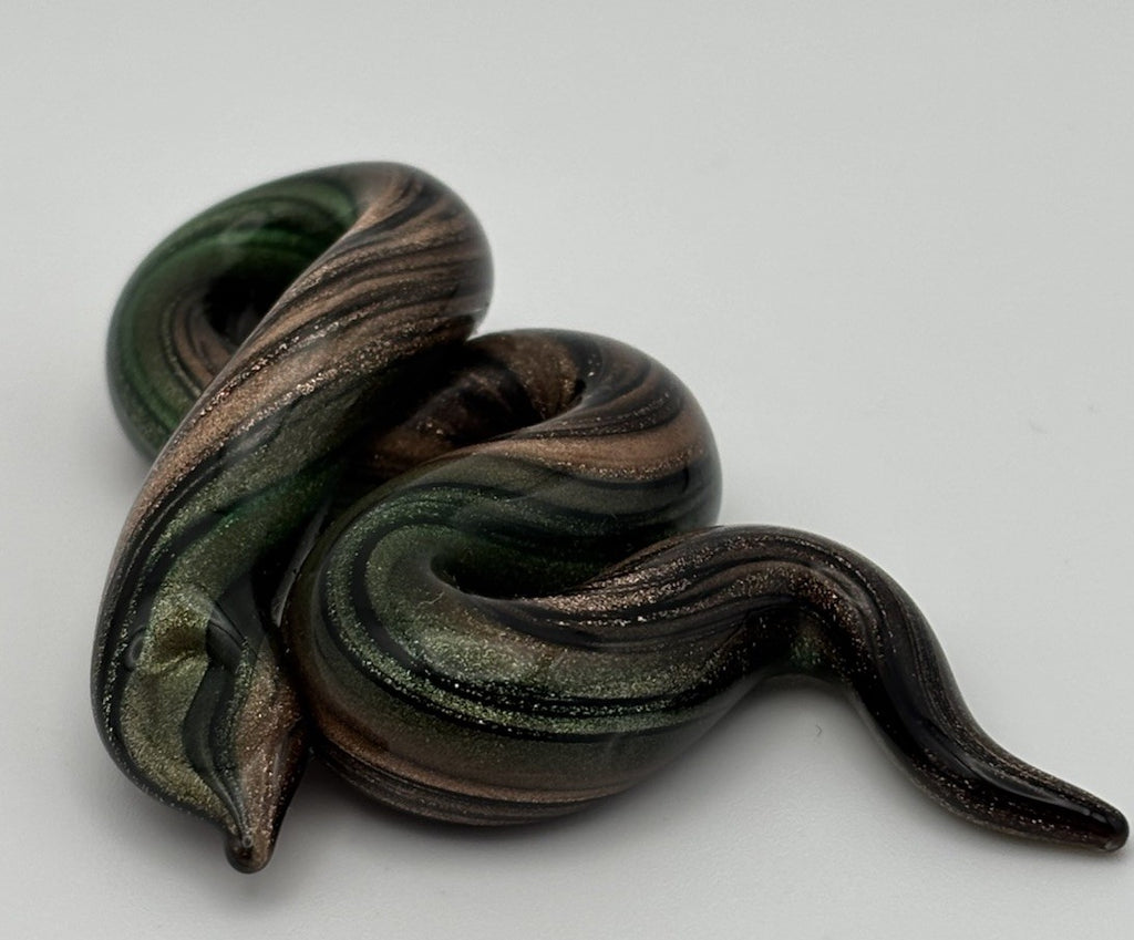 Murano Style Art Glass Snake Figurine Green Bronze Aventurine Swirl Collectible