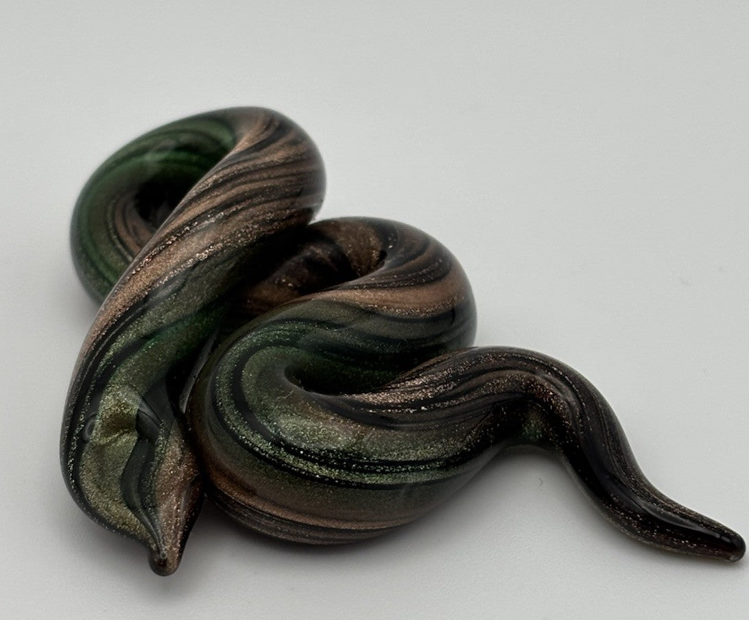 Murano Style Art Glass Snake Figurine Green Bronze Aventurine Swirl Collectible