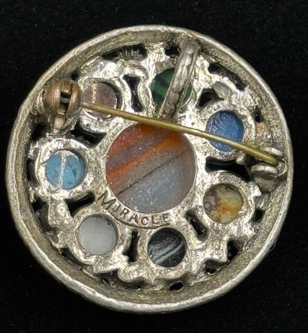 Vintage Miracle Scottish Celtic Banded Multiple Agate Glass Pin Brooch Signed