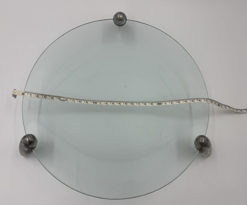 Vintage Modernist Glass Serving Tray Pewter Tone Feet Centrepiece Platter 27cm