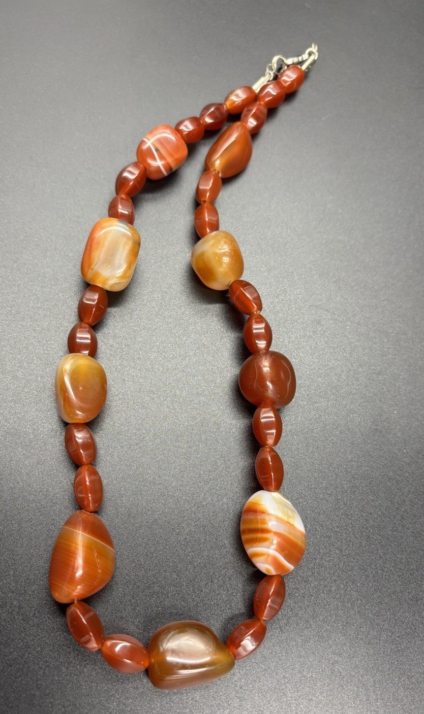Vintage Banded Carnelian Bead Necklace Warm Tones Polished Statement