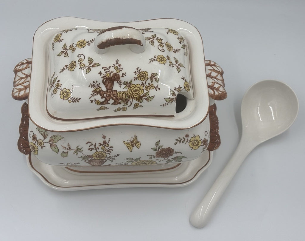 Vintage Soup Tureen Set Floral Transferware Lid Tray Ladle Ceramic
